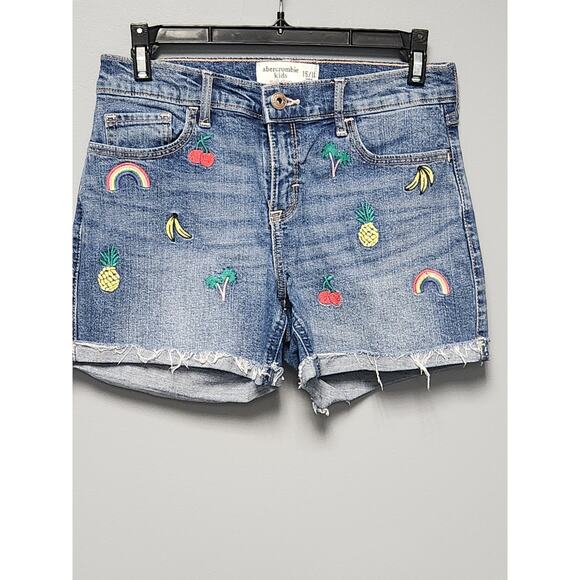 Abercrombie Kids Denim Shorts Embroidered Fruit & Rainbow Design Size 15/16 NWOT - Picture 1 of 6